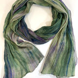 Skinny Silk Watercolor Scarf - Olive / Deep Blue