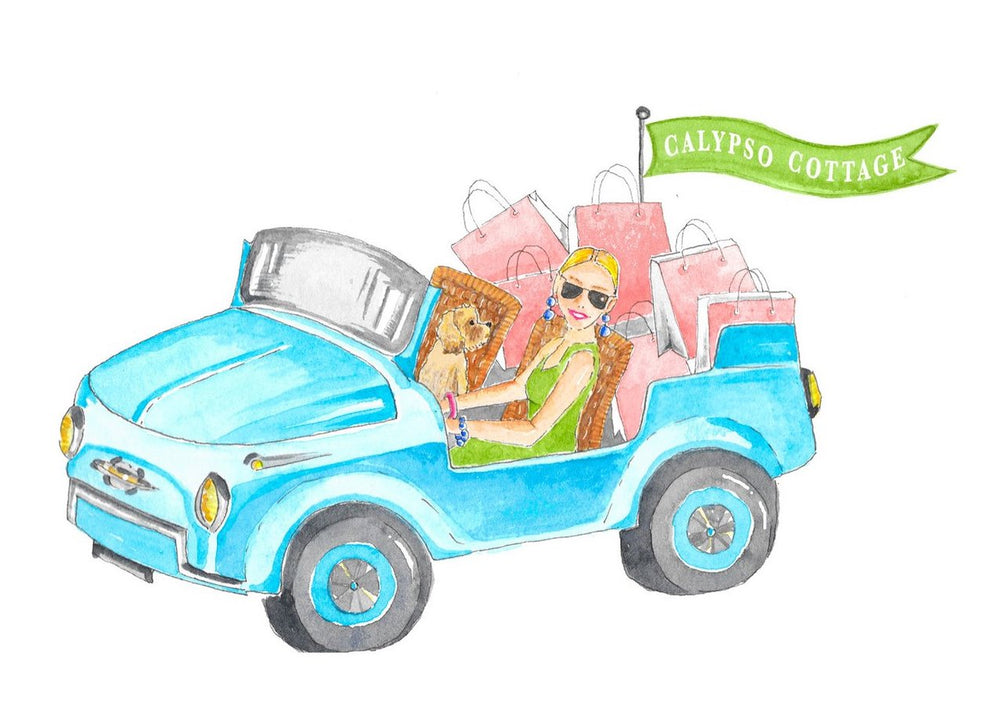 Chic Fiat Jolly with sophisticated lady and her dog shopping at Calypso Cottage.