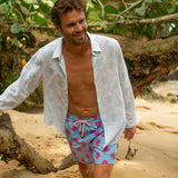 Men's Linen Shirt - Aqua Turtle Trellis